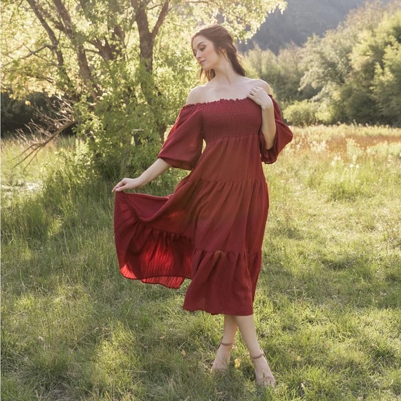 NWT Jovi Lynn Smocked Midi Dress with Pockets - Deep Red - Picture 7 of 9